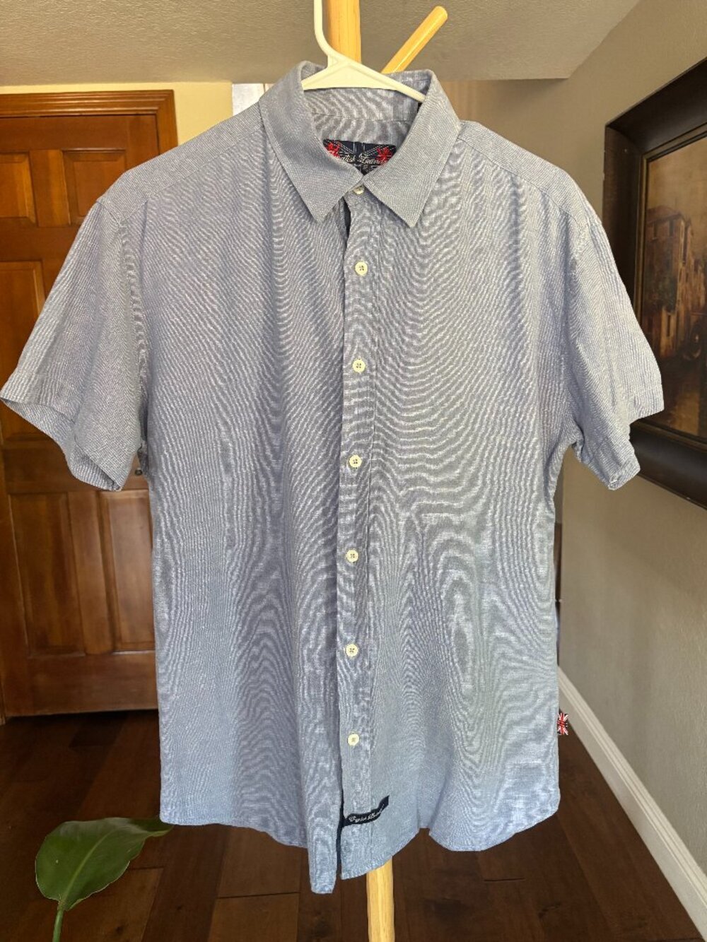 English Laundry Men's Button Down Shirt M Blue Short Sleeve Linen Cotton Summer